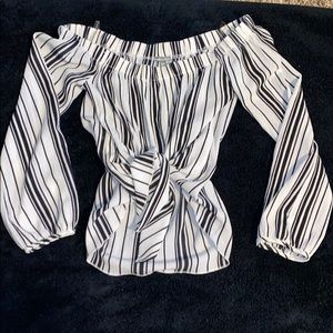 Off the shoulder striped blouse, front tie